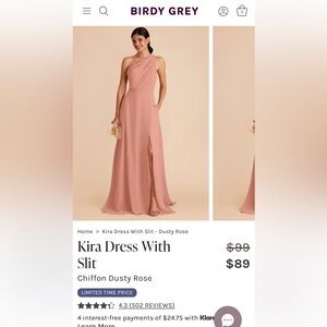 Birdy Grey Kira Dress With Slit 
Chiffon Dusty Rose wore once